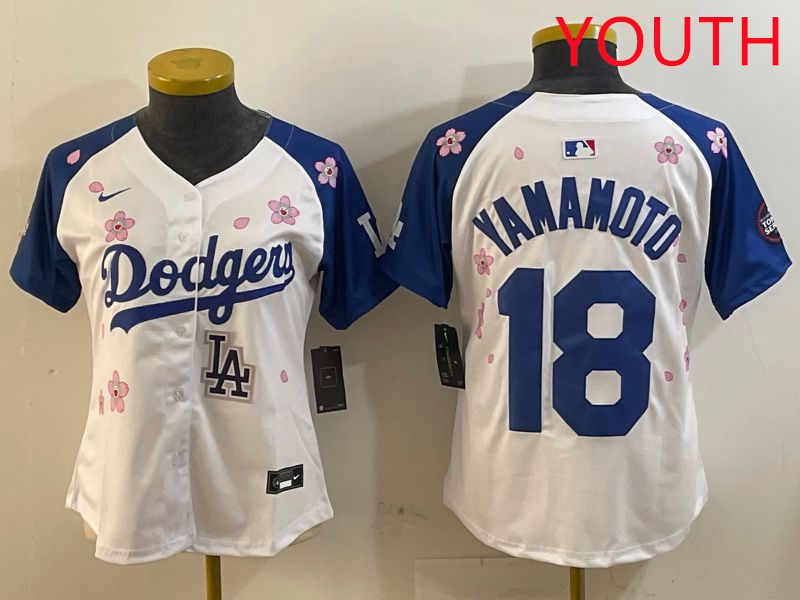 Youth Los Angeles Dodgers #18 Yamamoto White Blue Sakura Edition 2025 Nike MLB Jersey style 9